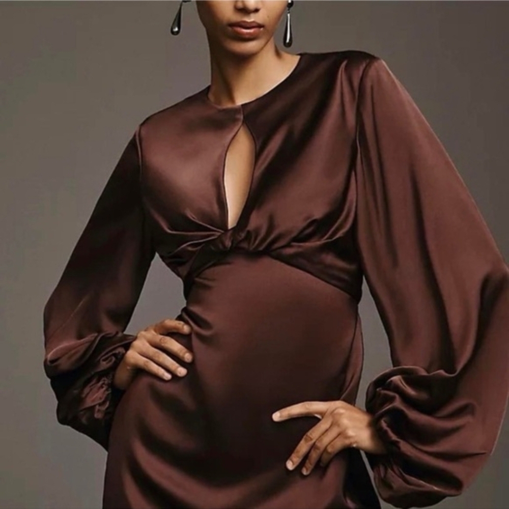 Elegant Chocolate Brown Satin Midi Dress with Twist Front